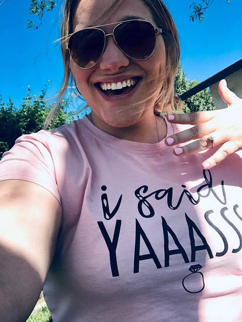 Yaass Queen Bride T-Shirt - Diamond Ring Design for Bachelorette, Wedding & Honeymoon - Pink Tee, Size M