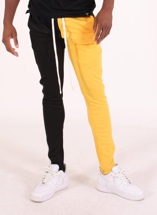 Mens Hip Hop Premium Slim Fit Track Pants - Stylish Athletic Jogger with Color Block Design and Side Taping in Black/Gold - Small