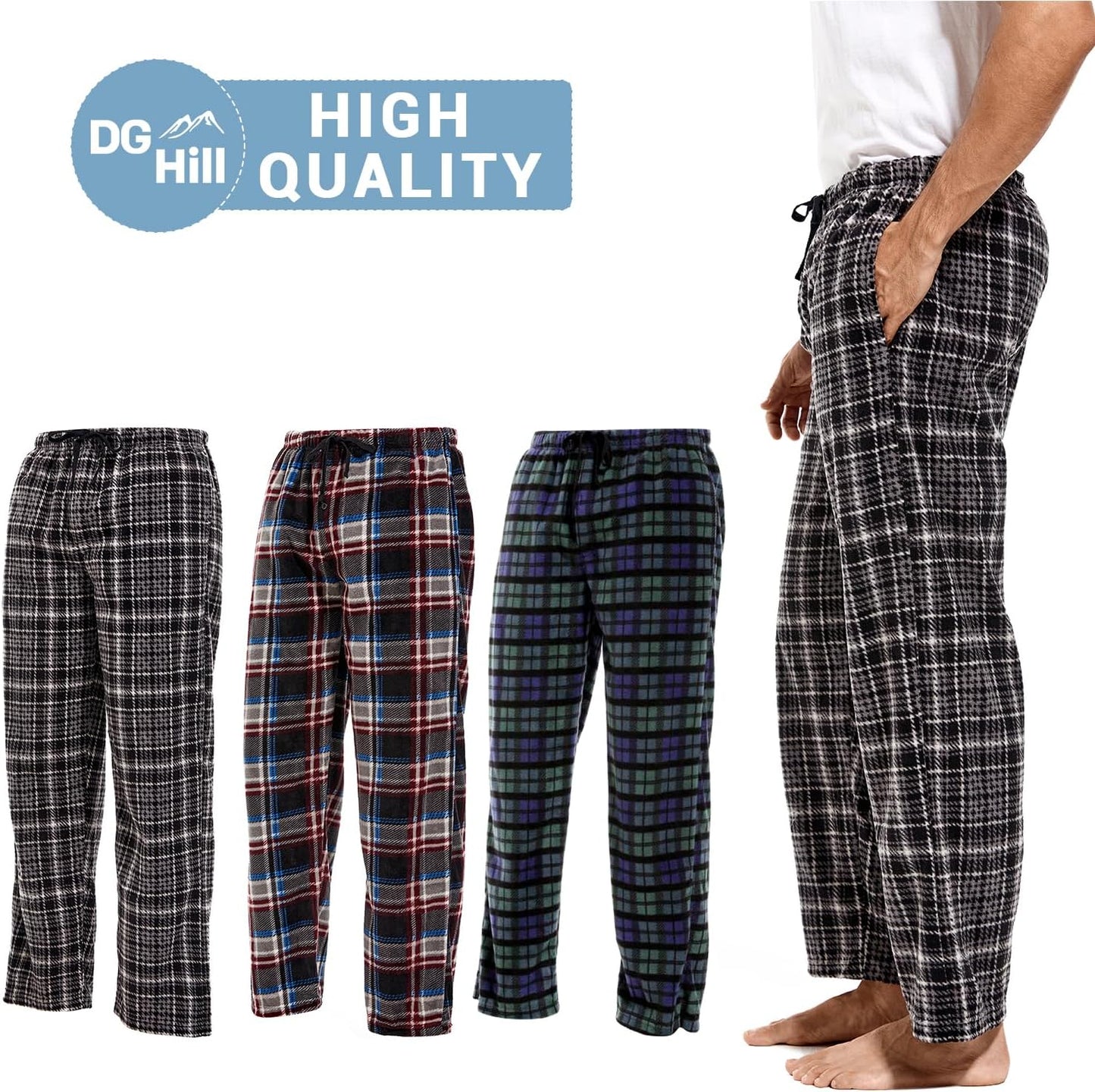 Cozy Men's Fleece Lounge Pants - Plaid Pajama Bottoms with Pockets (1Pack or 3Pack)