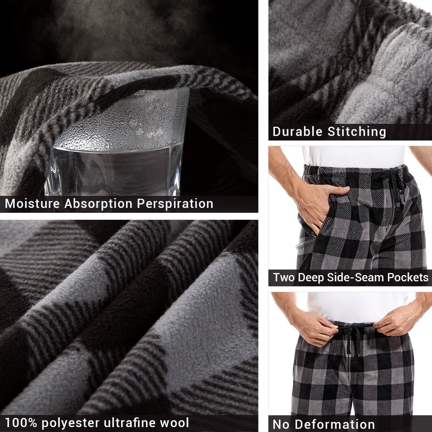 Cozy Men's Fleece Lounge Pants - Plaid Pajama Bottoms with Pockets (1Pack or 3Pack)