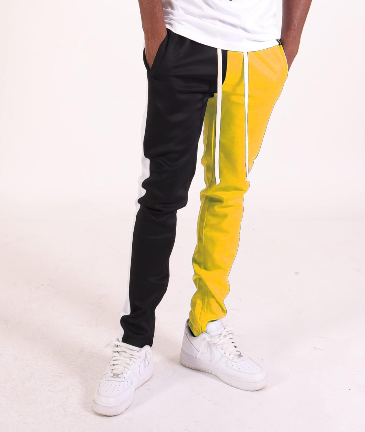 Mens Hip Hop Premium Slim Fit Track Pants - Stylish Athletic Jogger with Color Block Design and Side Taping in Black/Gold - Small