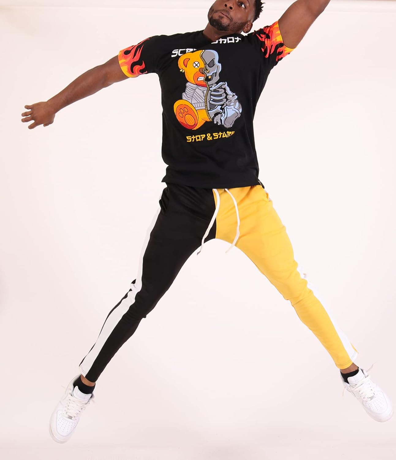 Mens Hip Hop Premium Slim Fit Track Pants - Stylish Athletic Jogger with Color Block Design and Side Taping in Black/Gold - Small
