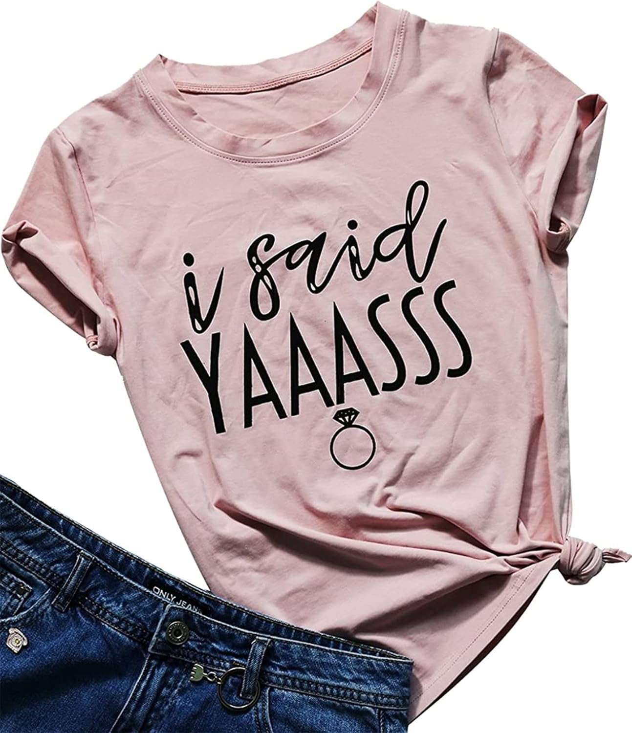 Yaass Queen Bride T-Shirt - Diamond Ring Design for Bachelorette, Wedding & Honeymoon - Pink Tee, Size M
