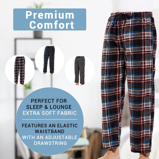 Cozy  Men's Fleece Lounge Pants - Plaid Pajama Bottoms with Pockets (1Pack or 3Pack)