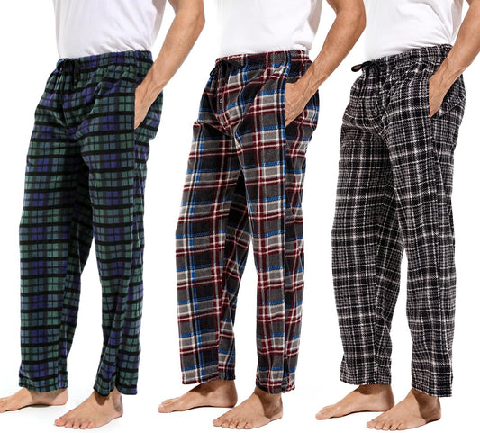 Cozy  Men's Fleece Lounge Pants - Plaid Pajama Bottoms with Pockets (1Pack or 3Pack)