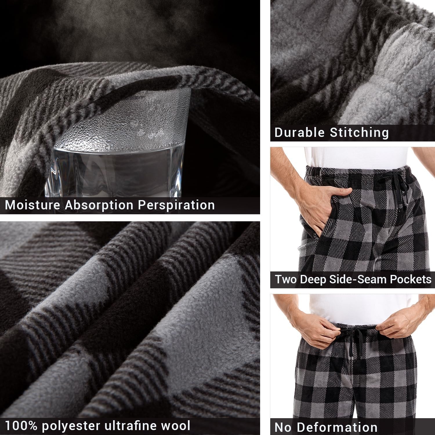 Cozy  Men's Fleece Lounge Pants - Plaid Pajama Bottoms with Pockets (1Pack or 3Pack)