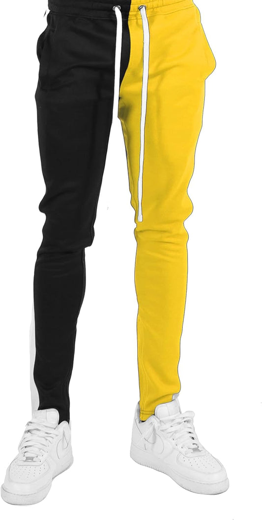 Mens Hip Hop Premium Slim Fit Track Pants - Stylish Athletic Jogger with Color Block Design and Side Taping in Black/Gold - Small
