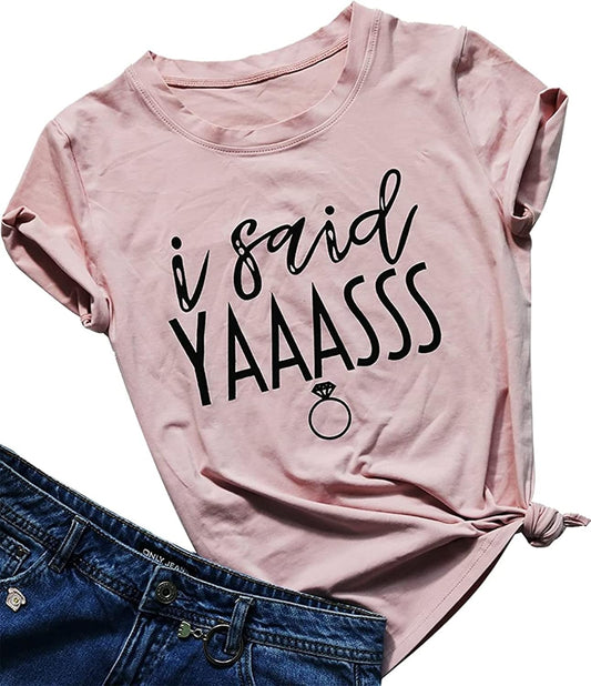 Yaass Queen Bride T-Shirt - Diamond Ring Design for Bachelorette, Wedding & Honeymoon - Pink Tee, Size M